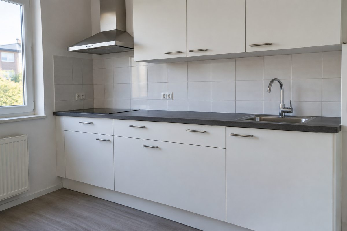 Fictieve voorbeeldfoto van een lege keuken in een huurwoning